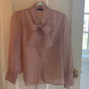 Zara sheer pussy bow blouse. Dusty rose.